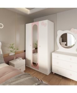 DANUBE HOME Kitty 3-Door Wardrobe With Mirror – Stylish Kids’ Bedroom Storage With Shelves, Functional & Cute Design – White & Pink