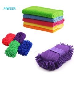 PAMEER Car Wash Kit, 5-Pcs Car Cleaning Cloth with 1-Pce Car Cleaning Sponge, Synthetic Chamois Cloth, Shammy Towel, Microfiber Cleaning and Washing Towels for Cars Home Kitchen Use.