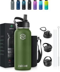 Zahive Insulated Stainless Steel Water Bottle with Straw with 3 Lids and Bag 1000 ml, Double Wall Thermos for Hot and Cold Drinks for Gym and Work, Wide Mouth, Leak Proof, 1 liter, Army Green