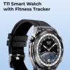 glassology Charome T11 Smart Watch with Fitness Tracker Heart Rate Monitor Long Battery Life Water Resistant Compatible with iOS and Android in Elegant Black.