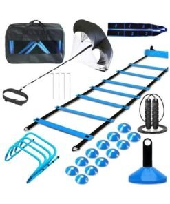 XiuWoo Agility Training Equipment,  1 Agility Ladder, 1 Resistance Parachute, 4 Adjustable Hurdles, 12 Disc Cones, 1 Jump Rope, 1 Resistance Band with bag, for Youth and Adults, blue