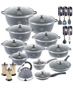 Life Smile 31pcs Nonstick Granite Cookware Set – Premium Non Stick Cookwares, Kitchen Cooking Pots & Soup Pots | Pots & Pans Set | Casseroles (20/24/28/32/36/40cm) with Lids, 28/32cm Shallow Pots,1.3L Sauce Pan, 3.0L Whistling Kettle, Frying Pans (24/28cm) & Silicone Kitchen Spoons with Stand