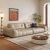 Modern Tufted Leather Sofa - 4-Seater, Beige