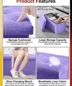 DBLEW Linen 76x38x38cm Foldable Ottoman Storage Bench Cube Boxes Footrest Shoe Changing Step Stool Padded Seat For Bedroom Hallway Chair Dorm Living Room Table Space Saving With Lid 80L Capacity