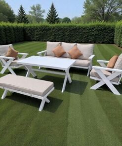 7-Seater Cross Legs White Aluminium Garden Sofa with Big Table