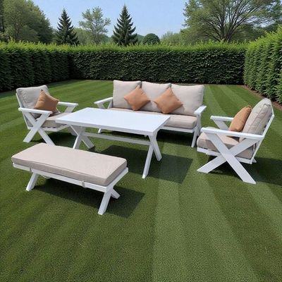 7-Seater Cross Legs White Aluminium Garden Sofa with Big Table