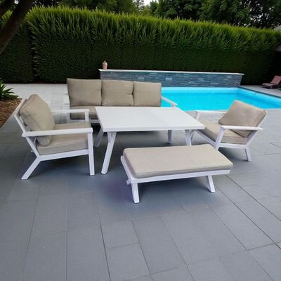 Premium 7-Seater White Outdoor Aluminium Sofa Set with Beige Cushions - Image 4