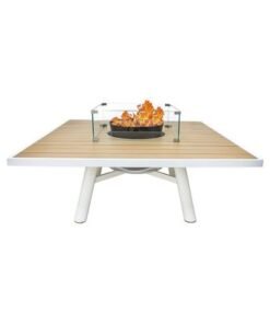Small Square Fire Pit Table Color Natural Teak & White - Aluminium Frame - Image 3