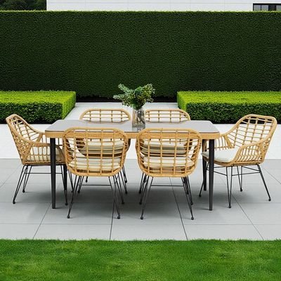 6-Seater Modern Outdoor Dining Set – Beige Rattan-Style Chairs with Steel Frame & Glass-Top Table - Image 4
