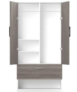 Mahmayi Wooden Wardrobe with 1 Doors, and Open Shoe Rack, Hanging Rod and 2 Compartments, Wooden Closet Storage Cabinet for Bedroom, Living Room - Grey Brown Whteriver Oak and Premium White