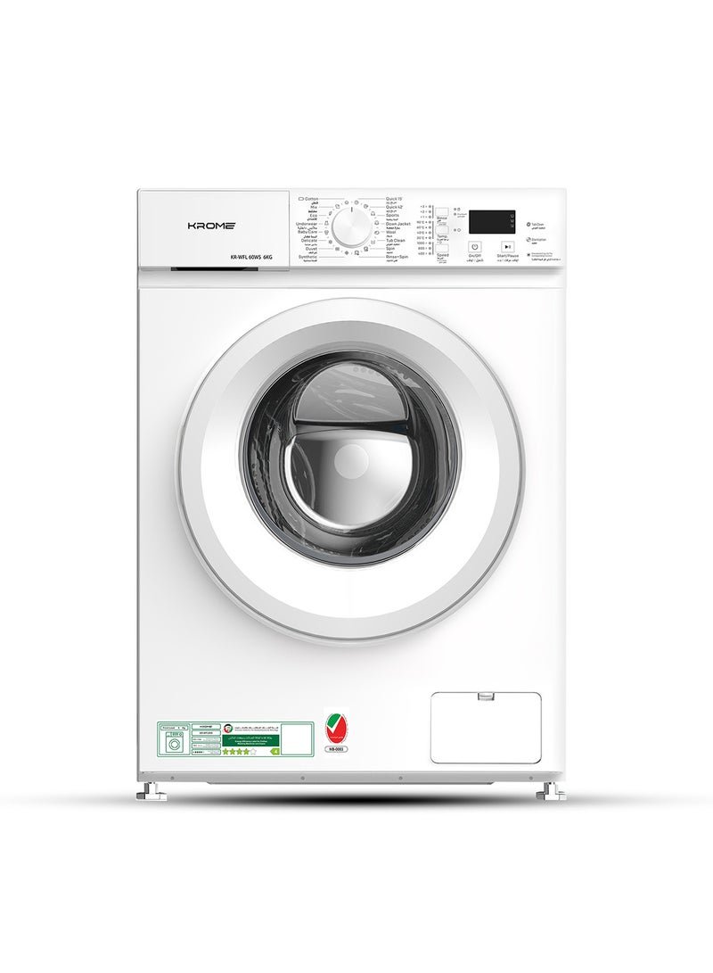 Krome 6Kg Front Load Washing Machine | 1000 RPM Spin Speed | 40L Drum Volume | 16 Wash Programs | Energy Efficient 4-Star | Universal Motor KR-WFL 60WS White