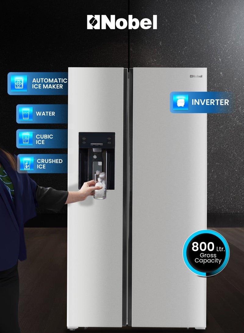 Nobel 800L Gross Capacity Side by Side Refrigerator with Automatic Ice & Water Dispenser, No Frost with Inverter Motor, LED Display, Adjustable Feet, Super Freezing & Cooling, Open Door Alarm, R600a Refrigerant 448.95 kW NR800SIMI Silver