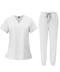 NiaaHinn Men Women's Medical Scrubs Set V-neck Top & Tapered Leg Jogger Pants with Drawstring Medical Nurse Uniform for Hospital Scrub Suit Uniforms for Summer (White)