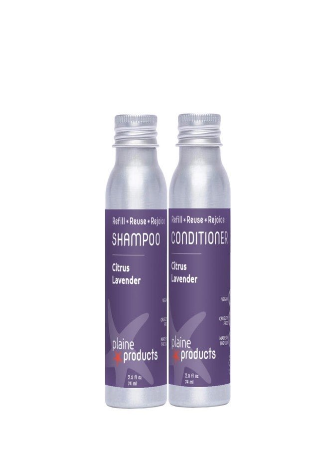 Plaine Products Travel Size Shampoo and Conditioner - Citrus Lavender - 2.5oz Refillable Bottles, Sulfate Free