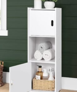 LINGWEI Bathroom Floor Cabinet Freestanding Double Door 3-Tier Side Storage Organizer Cabinet Cupboard Multipurpose Cabinet for Home Office
