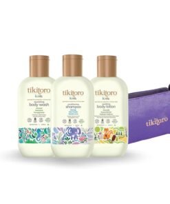 Tikitoro Kids Travel Kit With Nourishing Body Wash, Soothing Body Lotion, Conditioning Shampoo, and a Travel Pouch | Gifting Set For Children (4-10 years) (3 x 75ml)