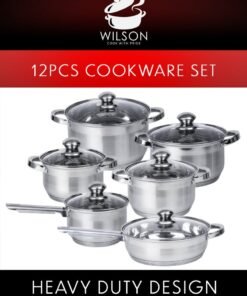 Wilson Stainless Steel Cookware Set, 12-Piece, Casseroles, Saucepan, Fry Pan, Ergonomic Handles, All Cooktop Compatible, Dishwasher Safe, Durable, Stylish Kitchen Essentials