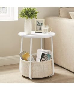 Joyelink Small Round Nightstand with Fabric Basket, Modern Minimalist White Table, 48 cm x 8 cm x 60 cm, Living Room, Bedroom