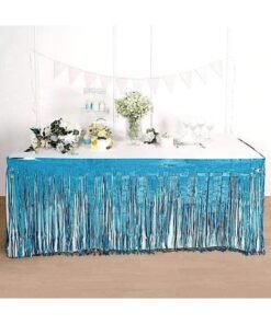 MARKQ Foil Fringe Table Skirt | 4.73 x 0.76 Meter Metallic Disposable Tablecloth Streamers Party Backdrop | Blue Foil Curtain for Bridal Shower, Graduation, Wedding, Birthday Party Decorations (Blue)