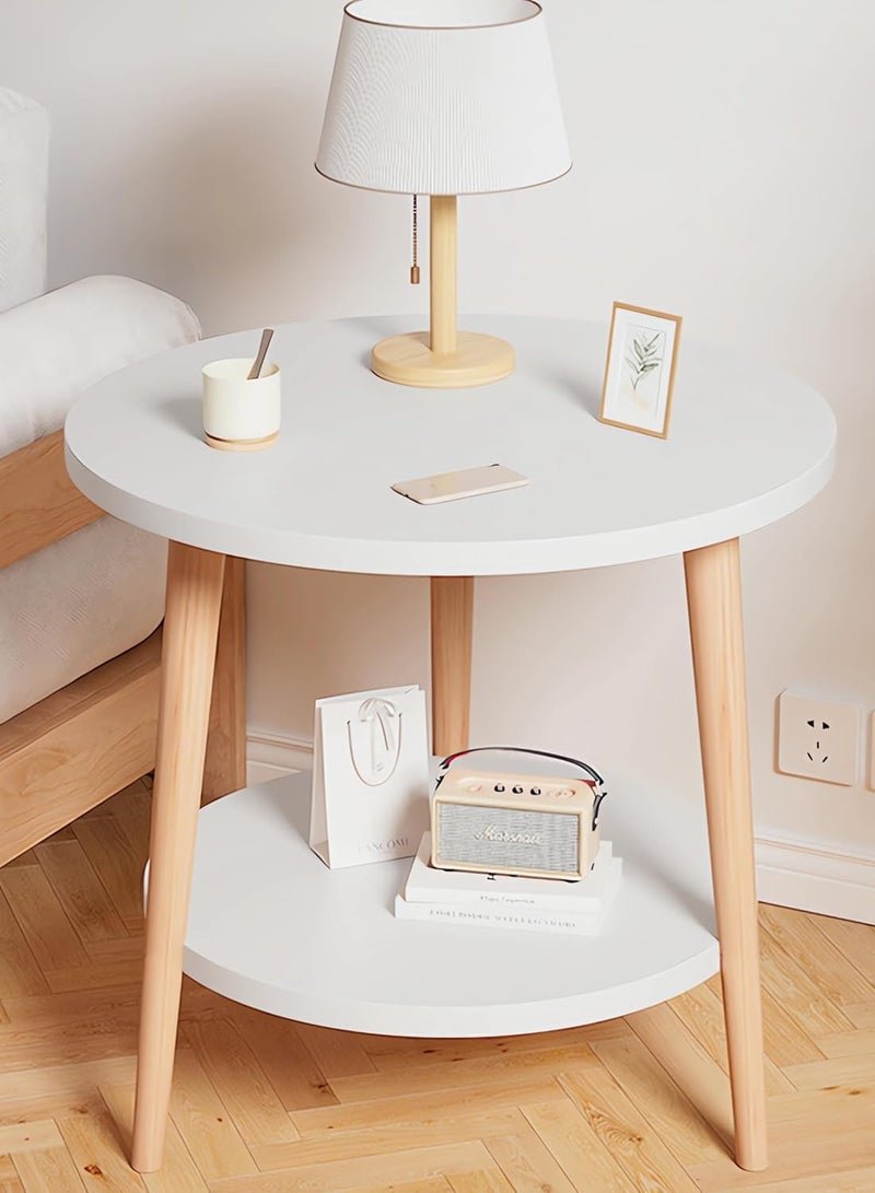 TAPIT Coffee Table 2-Tier 43x50cm White Modern Elliptic Living Room Tea Table 2-Tier Storage Shelves with Wood Table Legs Table End for Home Office