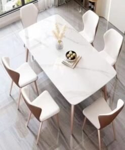 fashionhome Modern Multipurpose Industrial Standard Rectangle Sintered Stone Dining Table and 6 Curved Ergonomic Chair Set for Kitchen Restroom140x80x75 and 43x54x84 cm