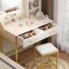SKY-TOUCH Vanity Desk Chair Set with Mirror : Makeup Table with Stool Dressing Table with Storage Drawer Shelves Vanity Table with Lots Storage for Bedroom