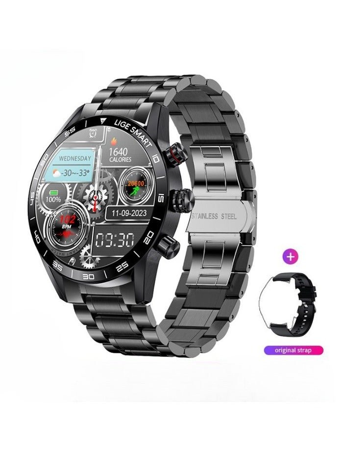 LIGE Smart Watch, IP68 Waterproof Bluetooth Phone Call Smart Bracelet, Multifunctional Smart Activity Tracker Wrist Watch With Heart Rate Blood Oxygen Monitoring, (1pc, Black, Steel Strap Plus Silicone Strap)