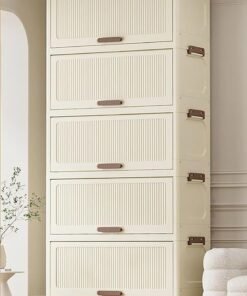 HOUSE OF QUIRK 5-Tier Storage Cabinet with Wheels – Durable Plastic Foldable Wardrobe Organizer with Multiple Compartments, Perfect for Bags, Clothes, and Living Room Storage (Cream)