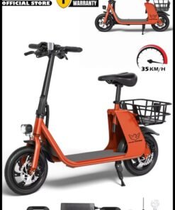 Wind Horse Premium Foldable Electric Scooter with Seat and Rear Basket, 450W Motor, 36V 8AH Battery, 25-35 KM/h Speed, Carbon Alloy Frame, 12.5 Inches Tires, Disk Brakes, Unisex Comfortable E-Scooter for Adults