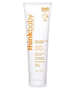 Thinkbaby SPF 50 Zinc Oxide 23.4% Sunscreen – Safe, Natural Sunblock for Babies - Water Resistant Sun Cream – Broad Spectrum UVA/UVB Sun Protection – Vegan Baby Sunscreen Lotion, 3 Oz.