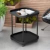 WALALLA Coffee Round Table with Wheels, Plastic Nightstand, Movable Double Layer End Table, with 2 Locking Caster, for Living Room Bedroom Balcony Patio Black