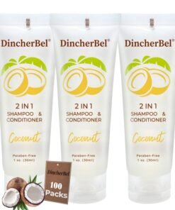 DincherBel Travel Size 2 in 1 Shampoo Conditioner Refreshing Tropical Coconut Scent Shampoo Amenities Small Hotel Toiletries in Bulk 1 Fl Oz 100 Pack