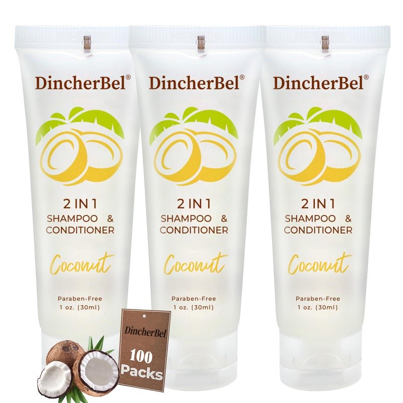 DincherBel Travel Size 2 in 1 Shampoo Conditioner Refreshing Tropical Coconut Scent Shampoo Amenities Small Hotel Toiletries in Bulk 1 Fl Oz 100 Pack