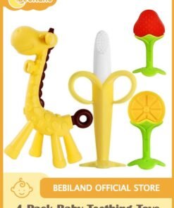 Bebiland 4 Pack Baby Teething Toys Set Silicone Fruit Shape Giraffe Baby Teethers BPA Free Soothe Babies Gums for Babies Infants Toddlers Boys & Girls