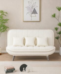 Harmony Home Premium Fabric Sofa  Bed with 3 Soft Cushions – Modern Convertible Sleeper Couch with Metal Legs, Space-Saving 3-Seater Sofa for Living Room, Bedroom & Guest Room-White