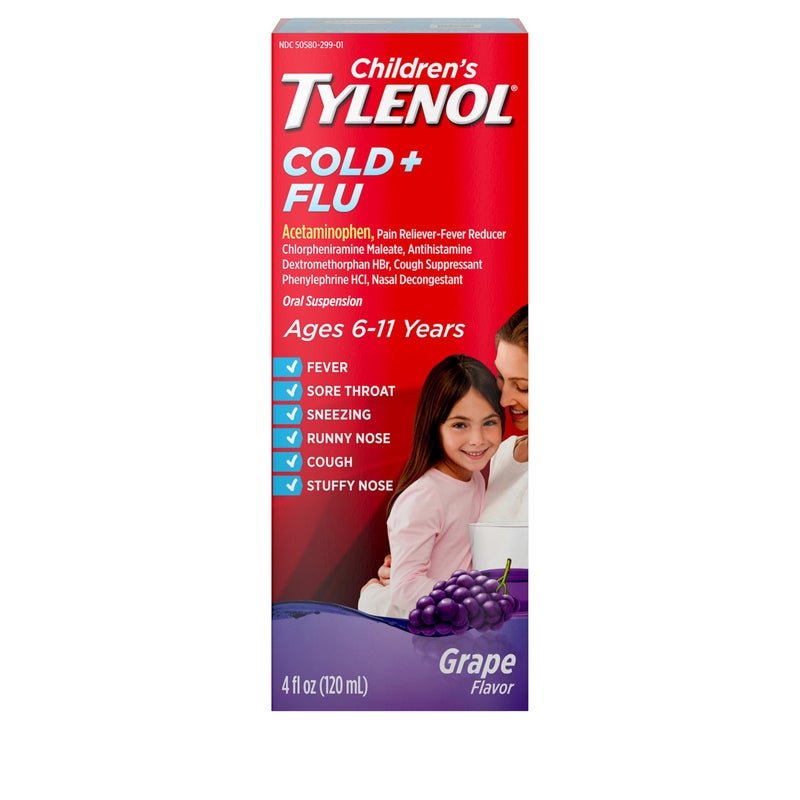 Tylenol Children's Tylenol Cold & Flu Liquid Oral Suspension Kids' Cold & Flu Medicine, Pain Reliever, Fever Reducer, Cough Suppressant & Decongestant, Grape Flavor, 4 fl. oz