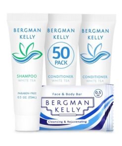 BERGMAN KELLY Rectangular Hotel Soap Bars, Shampoo & Conditioner 3-Piece Set (0.5 oz each, 150 pc, White Tea), Delight Guests w/Revitalizing & Refreshing Mini Travel Toiletries & Bulk Amenities