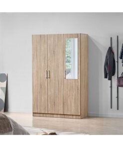 DANUBE HOME Supreme 3-Door Wardrobe With Mirror For Hanging Clothes Extra Sturdy Rack Storage Organiser Modern Design Space Saving Cabinets For Bedroom - French Sonoma Oak
