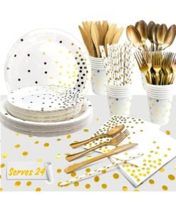 FRUITFUL PARTY 193pcs White and Gold Party Disposable Tableware Set for 24 Guests, Gold Paper Plates and Napkins Party Supplies Set Gold Dot Tablecloth