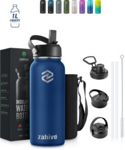 Zahive Insulated Stainless Steel Water Bottle with Straw with 3 Lids and Bag 1000 ml, Double Wall Thermos for Hot and Cold Drinks for Gym and Work, Wide Mouth, Leak Proof, 1 liter, Navy Blue
