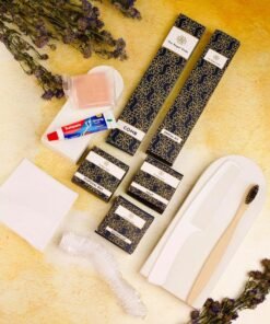 clayherbs The Regal Veda Eco Friendly Vanity Kit Hotel Toiletries Luxury Kit, Sustainable Travel Morning Kit, Guest Amenities Biodegradable, Shower Cap, 20g Soap, Comb, Disposal Bag, Dental Kit, (Pack-50 Kits)