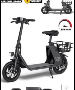 Wind Horse Premium Foldable Electric Scooter with Seat and Rear Basket, 450W Motor, 36V 8AH Battery, 25-35 KM/h Speed, Carbon Alloy Frame, 12.5 Inches Tires, Disk Brakes, Unisex Comfortable E-Scooter for Adults