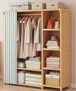 NKX Bedroom Coat Rack Home Wardrobe Light Luxury Simple Light Brown With Multiple Shelves