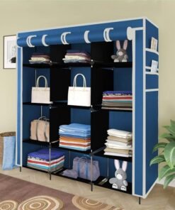 Maison & Cuisine ® 12 Layer Collapsible Portable Foldable Wardrobe Storage Organizer Shelves for Clothes Racks Fabric Almirah Non Rustable Iron Storage Unit (88250) (Blue)