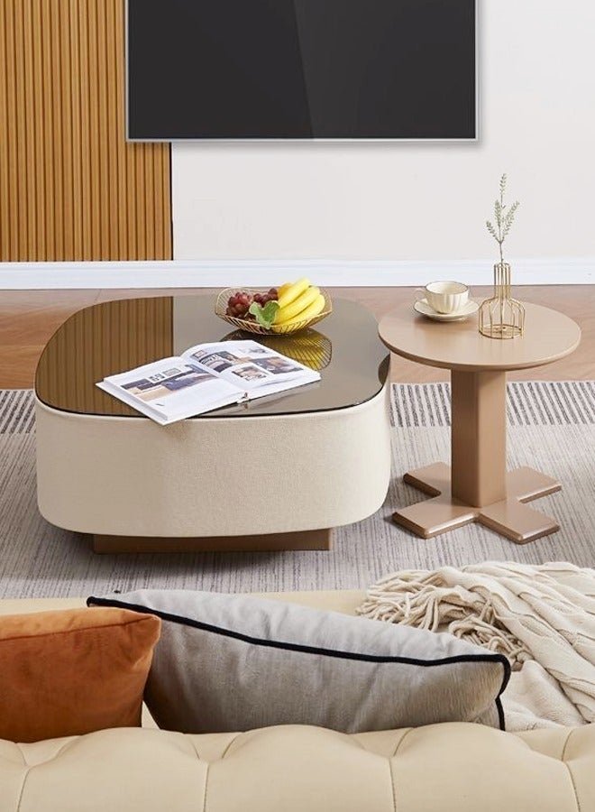 fashionhome Set of 2 Multipurpose Use Modern Anti Collison Design Leather Wrapped Nested Coffee Tables Strong Base Tempered Glass Tabletop Side Tables Round Edges Center Table for Living Room Home Office 40x38.5 and 80x80 cm