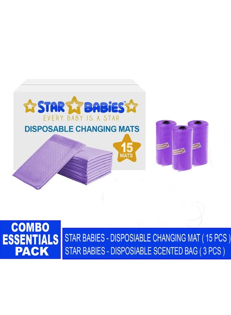STAR BABiES Baby Essentials Pack Of 2 Changing Mat 15Pcs Scented Bag 3Pcs Lavender