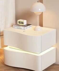 fashionhome Set of 2 Modern High Gloss One Touch Switch Night Light LED Nightstand with 2 Storage Drawers Solid Wood Bedside End Table Furniture 50x40.5x50 cm (Fully Assembled)