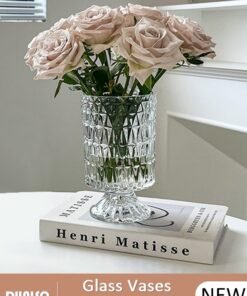 DUNISO Embossed Glass Vase, Crystal Glass Vases, Pedestal Big Base Glass Bouquet Vase, Hydroponic Glass Transparent Vase for Home Office Wedding Dining Table Party (Long Rhombus Pattern)