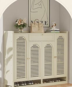KLNAMAEAAN Shoe Cabinet Milky White Entryway with Four Doors and Eight Layers With Drawer 110*32*117cm
