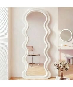 Noon East Velvet Framed Wave Shape Standing Full Length Mirror, HD Floor Standing Rounded, Living Room Entrance Dressing Clothes Mirror, L170 x W70 cm, Living Room
